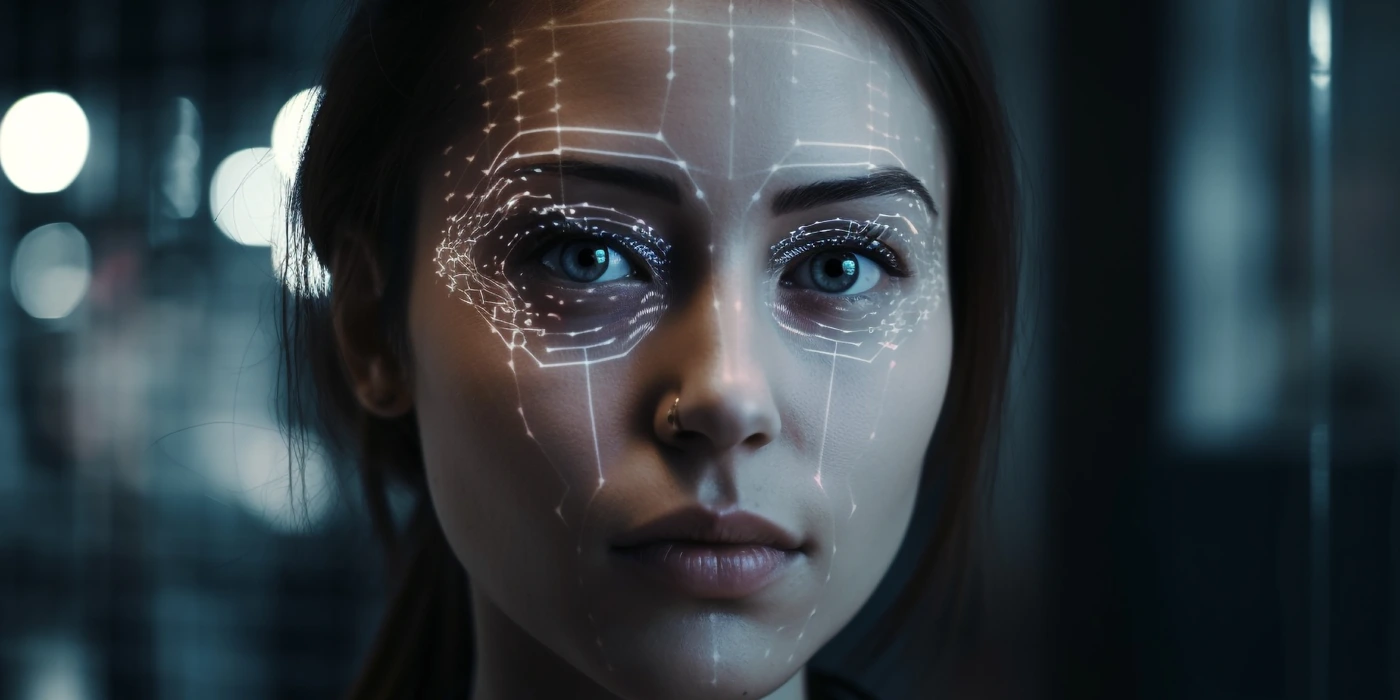 Close-up of a woman's face with digital facial recognition scanning overlay