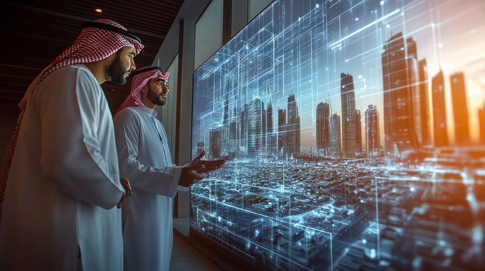 two men observing futuristic cityscape digital display
